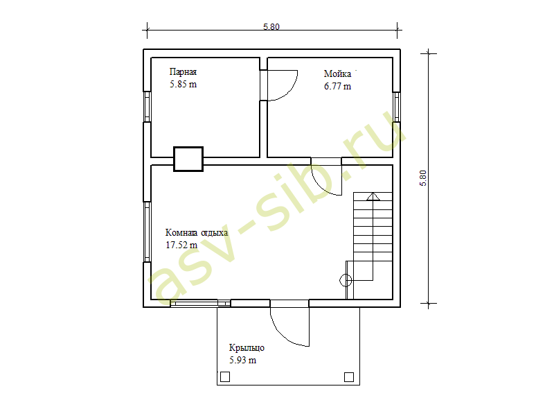 Первый этаж бани из бруса, планировка по проекту Д-62.